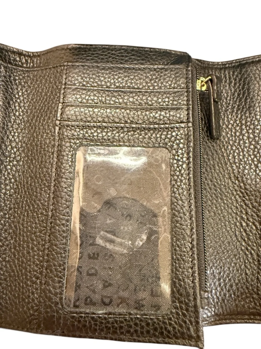 Kate Spade Black Pebbled Leather Tri Fold Wallet with Gold-Tone Logo Closure